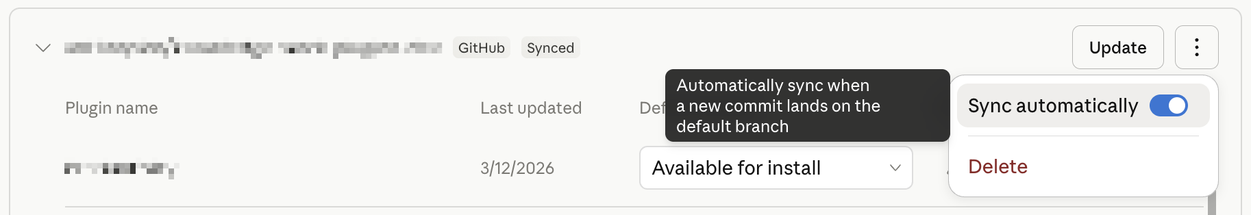 Organization settings → Plugins with the marketplace menu open showing the "Sync automatically" toggle