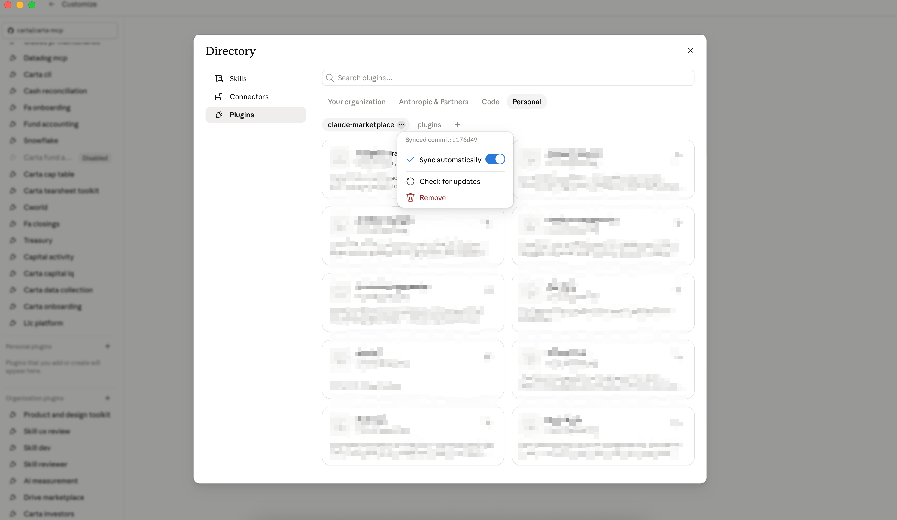 Personal tab in the Plugins directory with the marketplace menu open showing the "Sync automatically" toggle